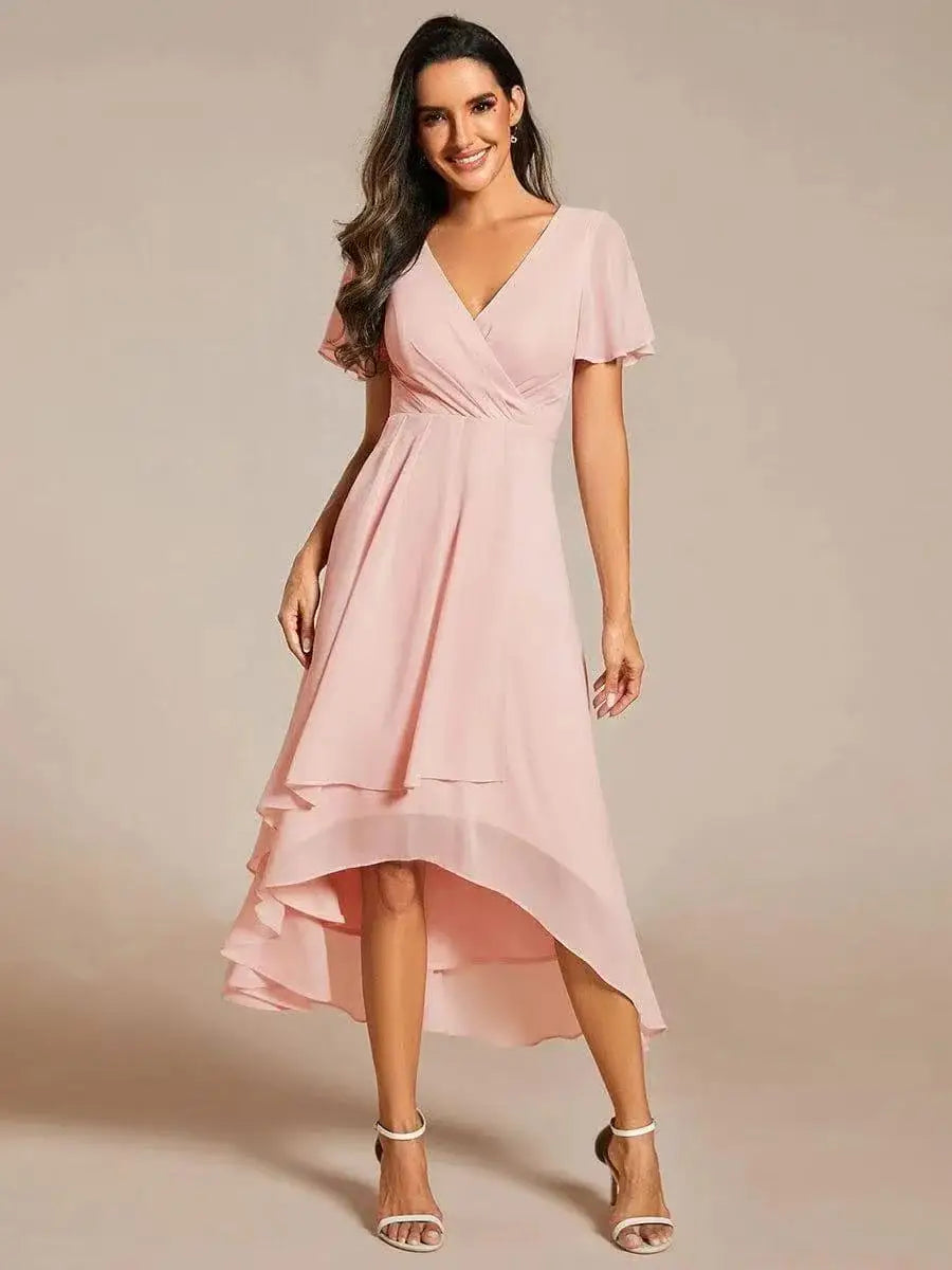 Women Dresses 2026 Summer Solid-Color V-Neck Lotus Leaf Sleeve Chiffon Elegant Party Dress Women'S Clothing Vestidoes