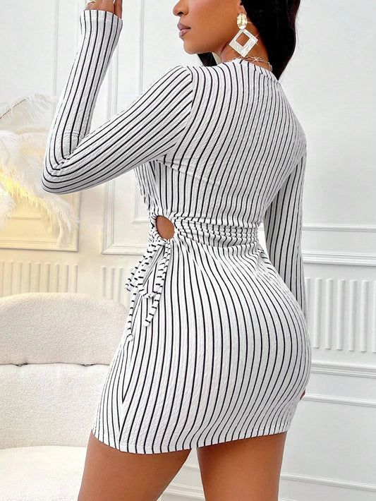 Women'S Striped Knit Long Sleeve Dress, Waist Cut Out Tie Design, Slim Fit Elegant Fall & Winter Fashion, Moderate Fabric Thickn