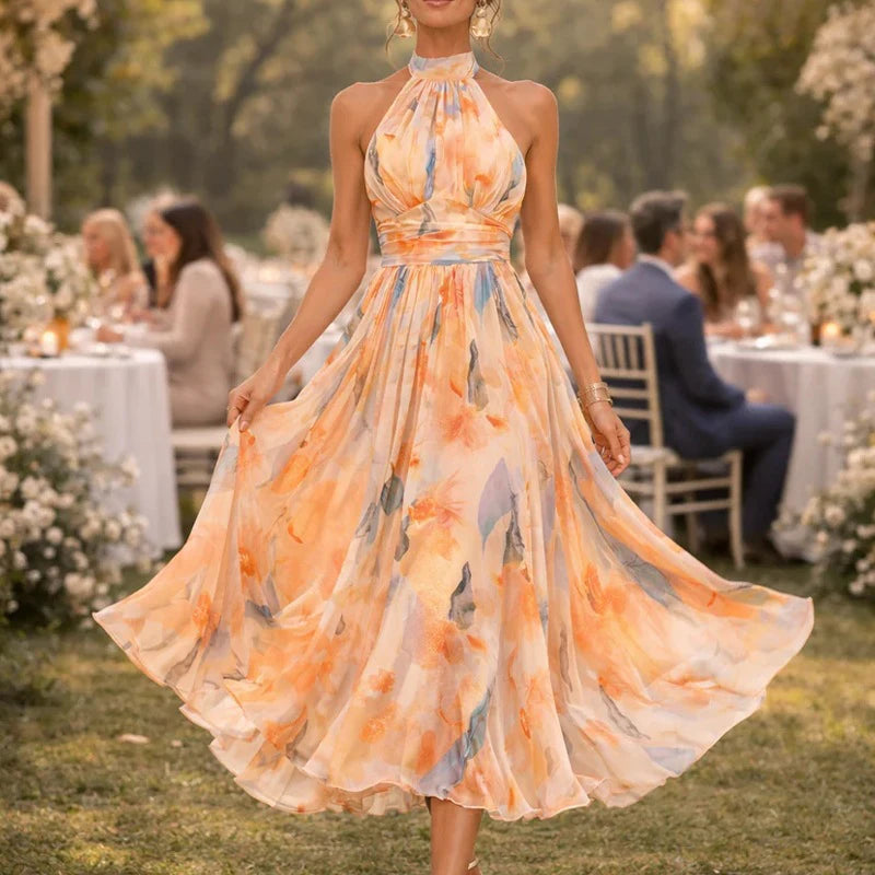 Temperament Women'S Dopamine Color Floral Suspender Halter Neck Backless Dress Women'S Summer High-End Seaside Beach Long Dress