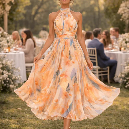 Temperament Women'S Dopamine Color Floral Suspender Halter Neck Backless Dress Women'S Summer High-End Seaside Beach Long Dress