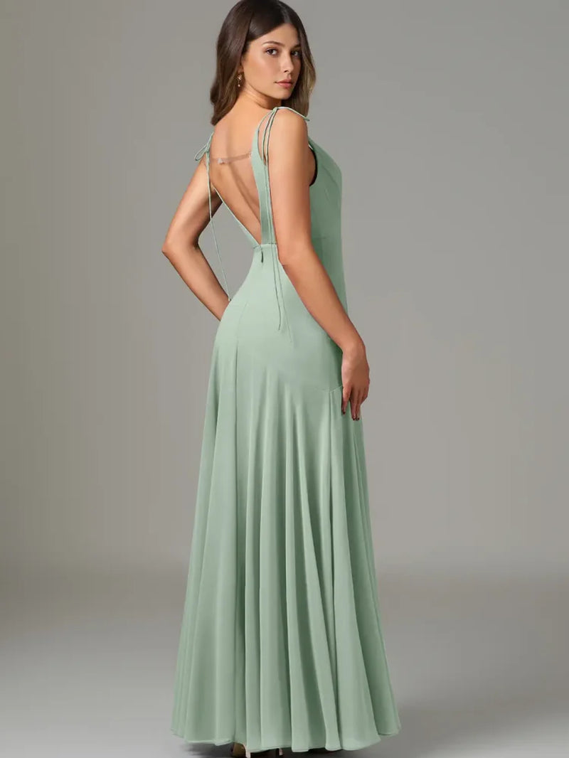 Chiffon A-Line Skirt Bridesmaid Dresses for Women Sleeveless V-Neck Tie-Strap Long Pleated Corset Wedding Guest Dress