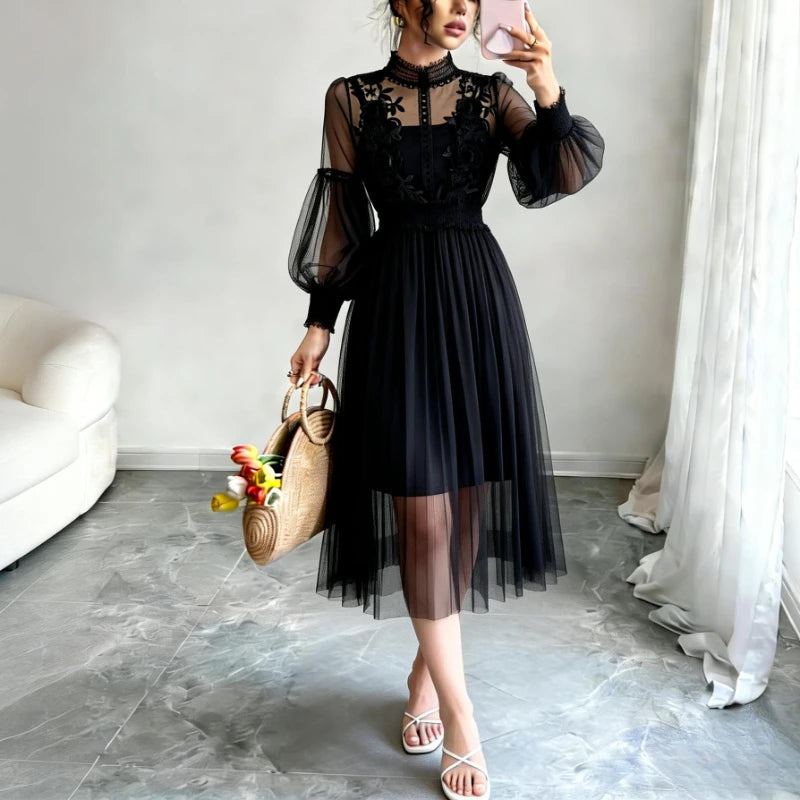 Women'S Dusty Pink Tulle Midi Dress High Neck 3D Floral Embroidery Puff Sleeve Smocked Waist Elegant Party Wedding Guest Dress