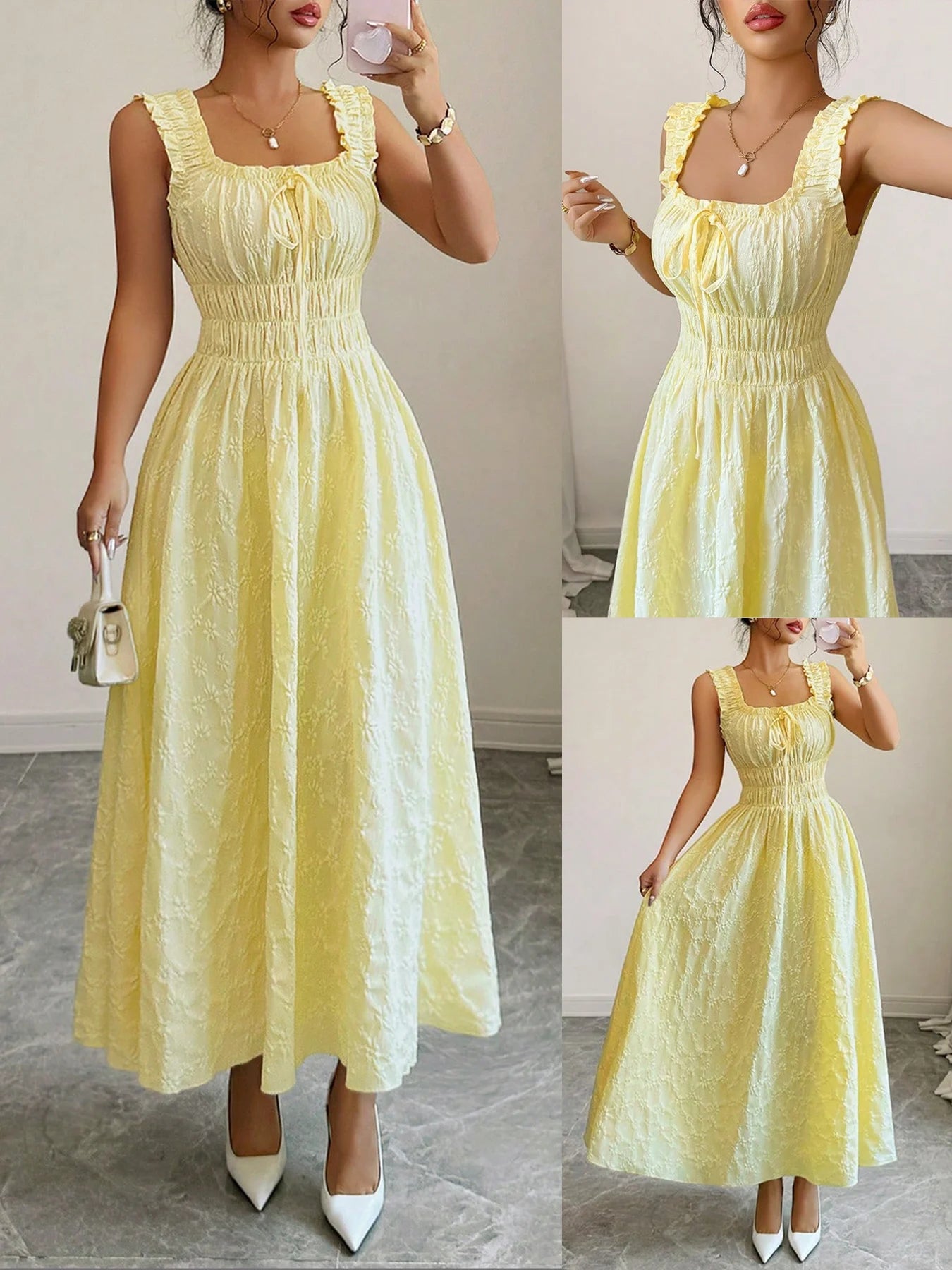 Vacation Essential Yellow Smocked Midi Dress, Chic Beach Party Date Night Dress