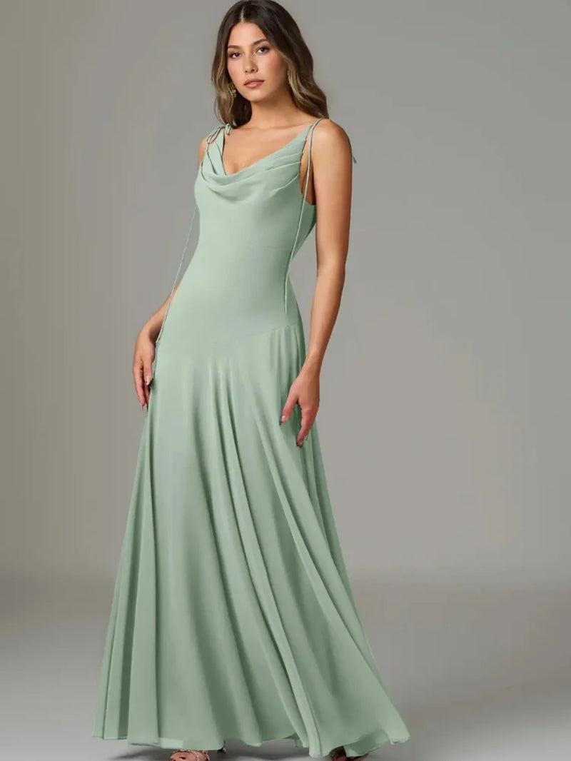 Chiffon A-Line Skirt Bridesmaid Dresses for Women Sleeveless V-Neck Tie-Strap Long Pleated Corset Wedding Guest Dress