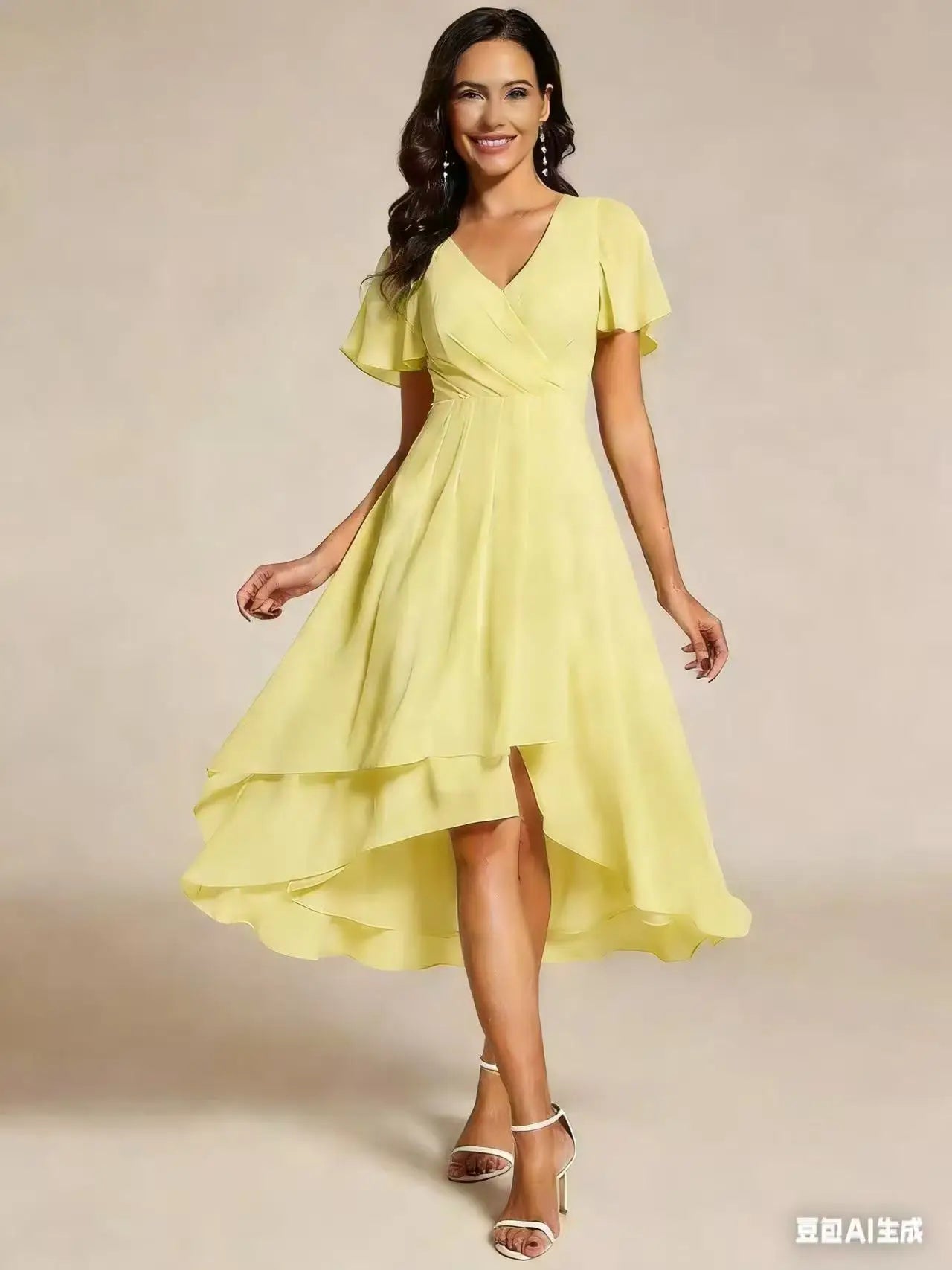Women Dresses 2026 Summer Solid-Color V-Neck Lotus Leaf Sleeve Chiffon Elegant Party Dress Women'S Clothing Vestidoes