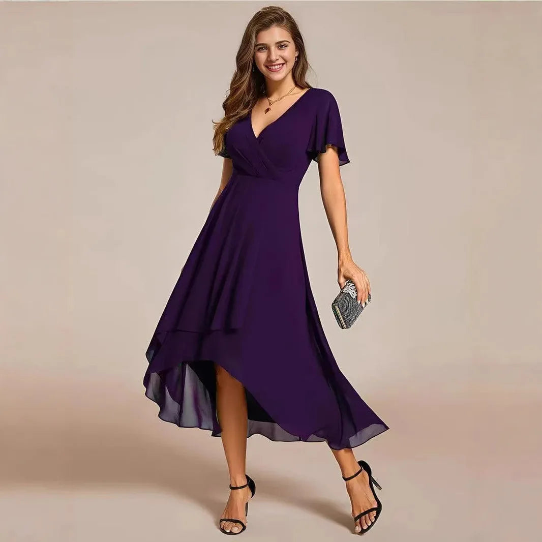Women Dresses 2026 Summer Solid-Color V-Neck Lotus Leaf Sleeve Chiffon Elegant Party Dress Women'S Clothing Vestidoes