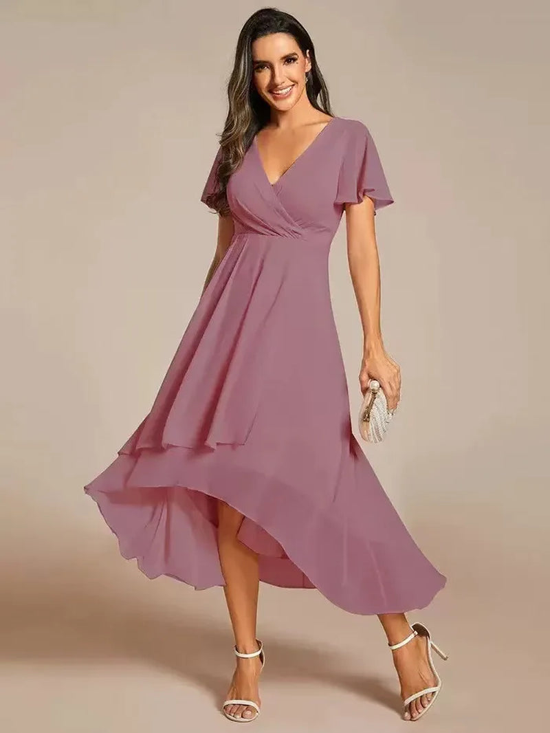 Women Dresses 2026 Summer Solid-Color V-Neck Lotus Leaf Sleeve Chiffon Elegant Party Dress Women'S Clothing Vestidoes