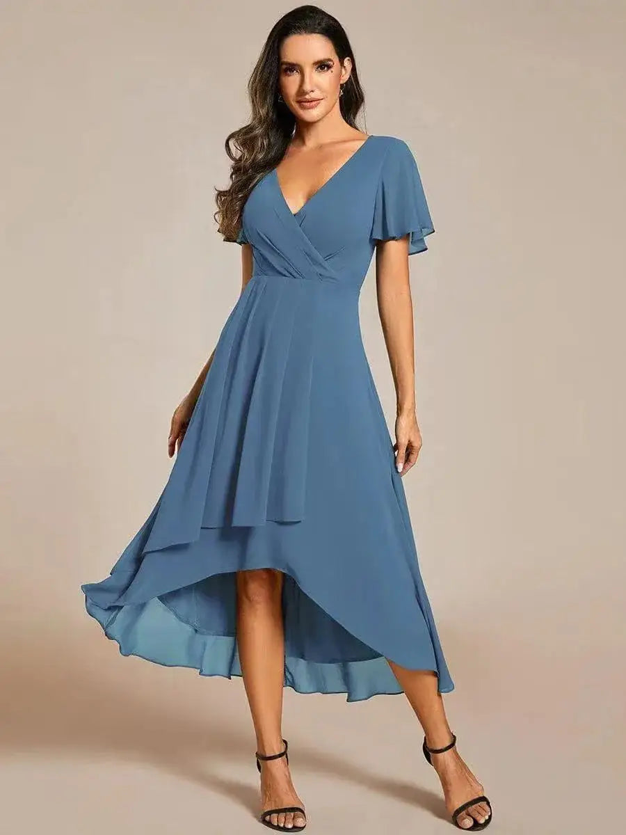 Women Dresses 2026 Summer Solid-Color V-Neck Lotus Leaf Sleeve Chiffon Elegant Party Dress Women'S Clothing Vestidoes