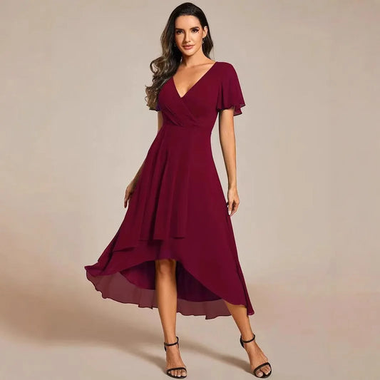 Women Dresses 2026 Summer Solid-Color V-Neck Lotus Leaf Sleeve Chiffon Elegant Party Dress Women'S Clothing Vestidoes