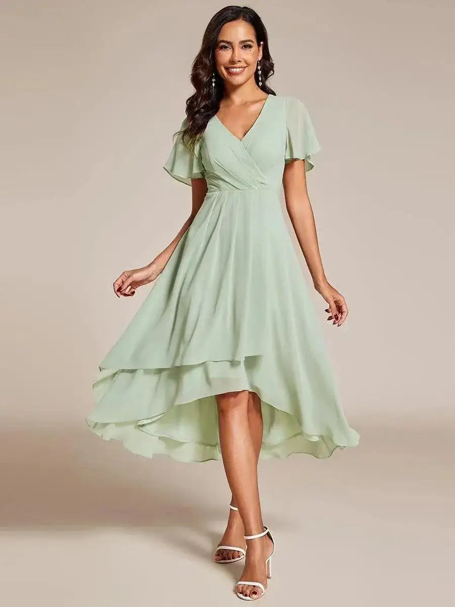 Women Dresses 2026 Summer Solid-Color V-Neck Lotus Leaf Sleeve Chiffon Elegant Party Dress Women'S Clothing Vestidoes
