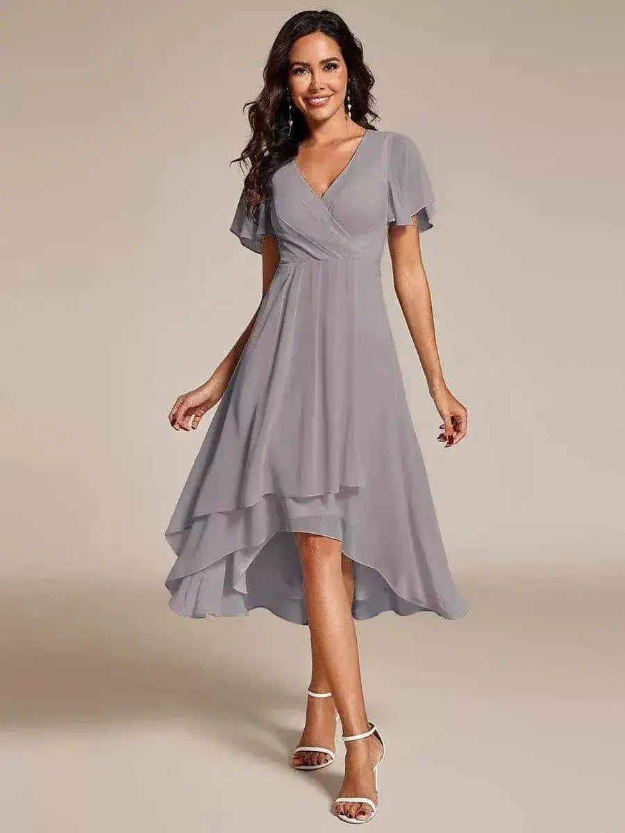 Women Dresses 2026 Summer Solid-Color V-Neck Lotus Leaf Sleeve Chiffon Elegant Party Dress Women'S Clothing Vestidoes