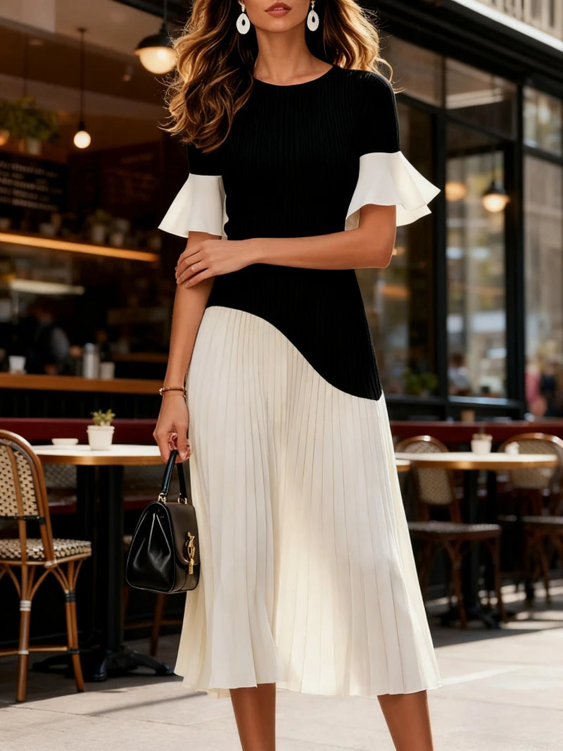 Freeacy 2026 New Black White Contrast Color Midi Dress for Women Half Sleeves Slim Fit Ruffled Party Dresses High Street Dress