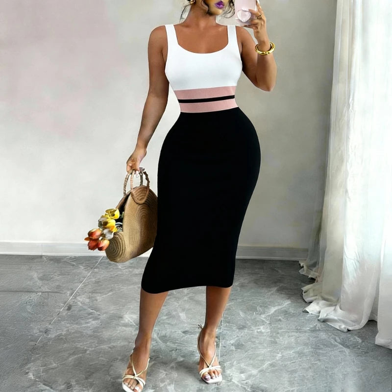Women'S White Black Patchwork Block Square Neck Sleeveless Stretchy Knit Bodycon Midi Dress Elegant Summer Daily Party Dress