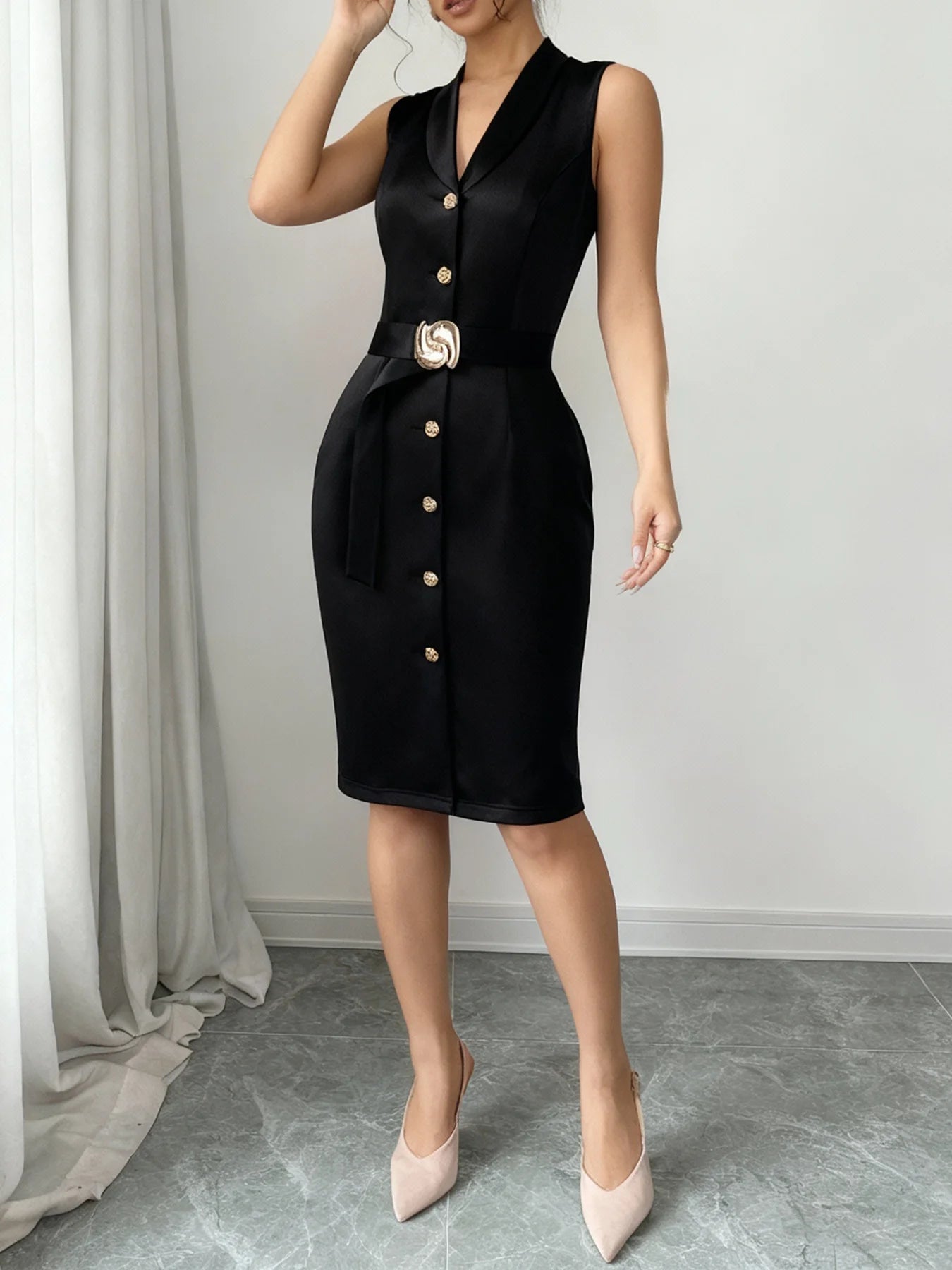 Women Bodycon Midi Dress Sleeveless Lapel Button down Belted Sheath Dresses Spring Summer Fashion Office Business Formal Wear