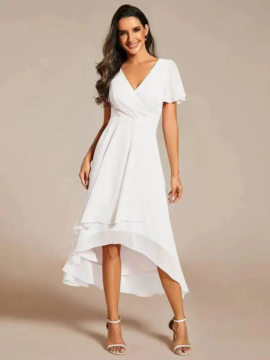 Women Dresses 2026 Summer Solid-Color V-Neck Lotus Leaf Sleeve Chiffon Elegant Party Dress Women'S Clothing Vestidoes