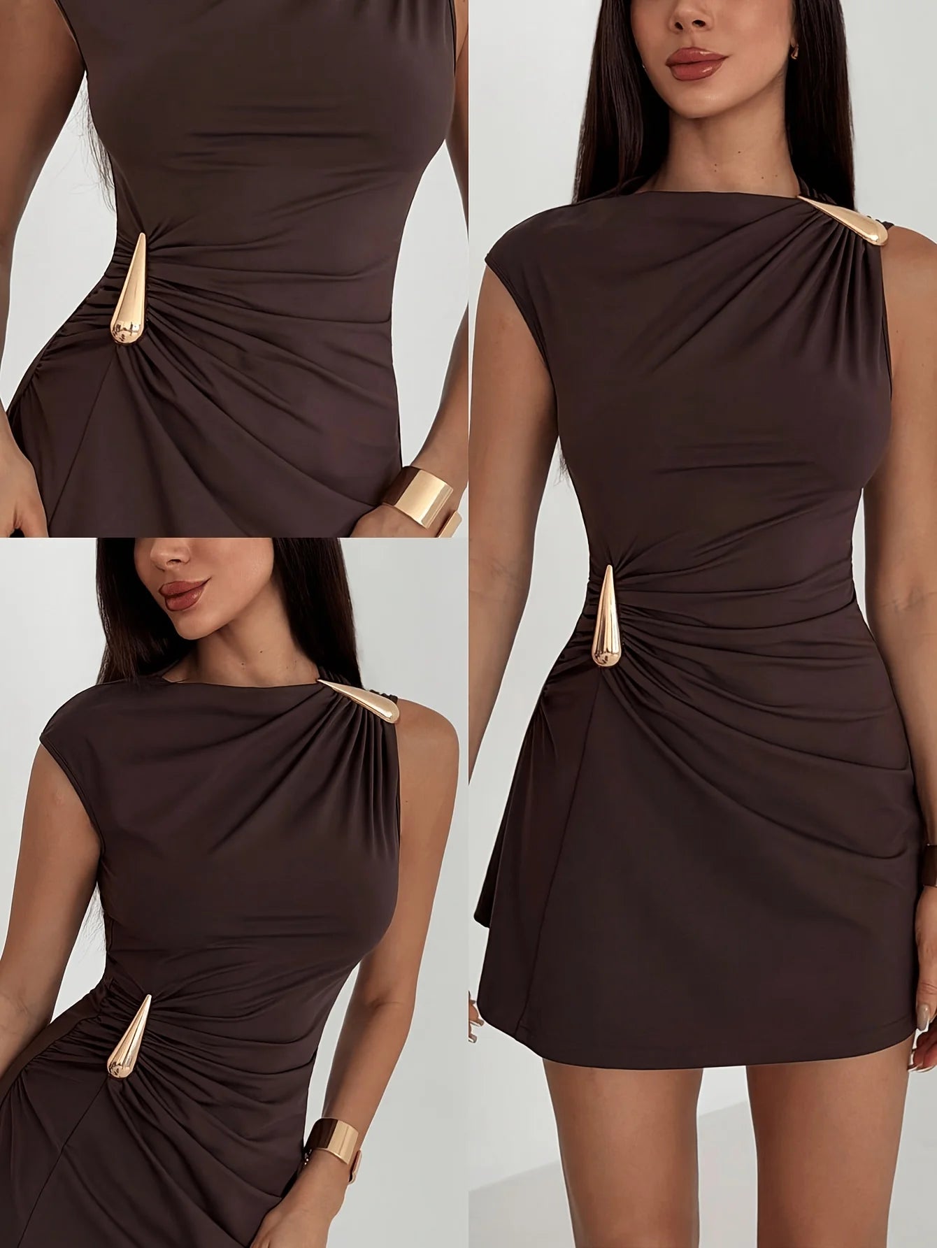 Women'S Casual Style Sleeveless Pleated Mini Dress Form-Fitting Knitted Fabric Asymmetric Neck Design