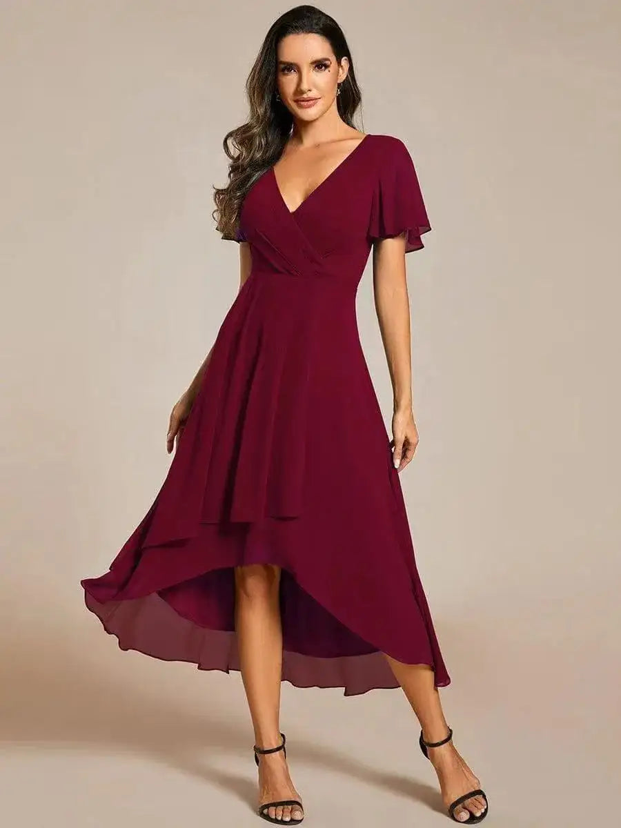 Women Dresses 2026 Summer Solid-Color V-Neck Lotus Leaf Sleeve Chiffon Elegant Party Dress Women'S Clothing Vestidoes