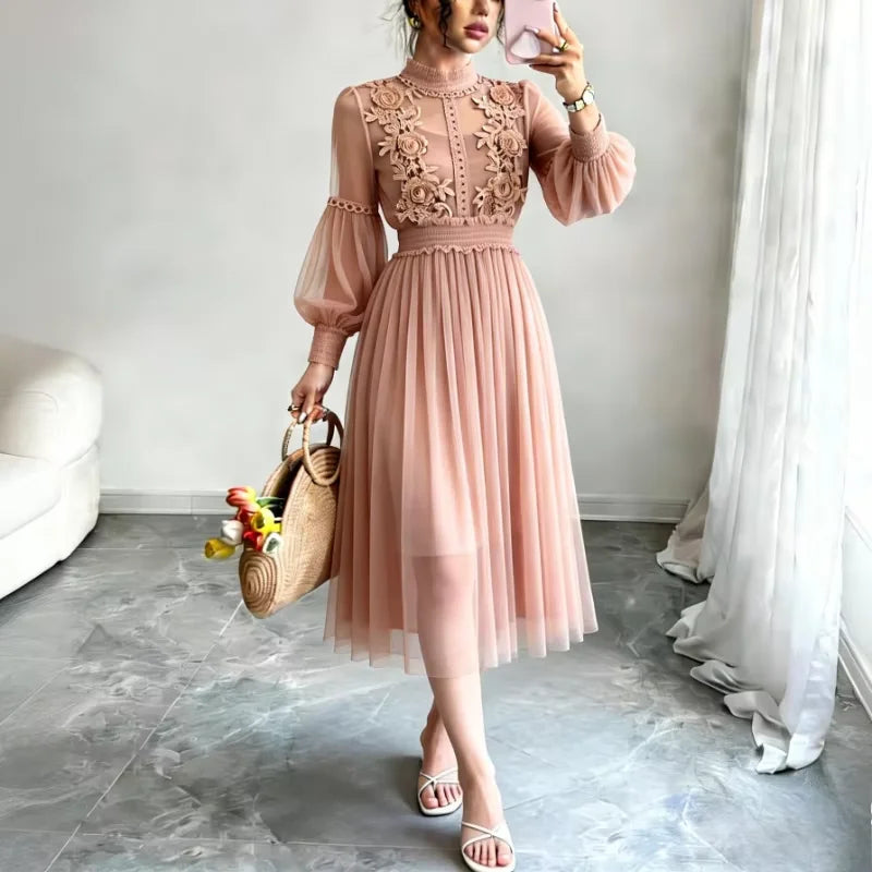 Women'S Dusty Pink Tulle Midi Dress High Neck 3D Floral Embroidery Puff Sleeve Smocked Waist Elegant Party Wedding Guest Dress