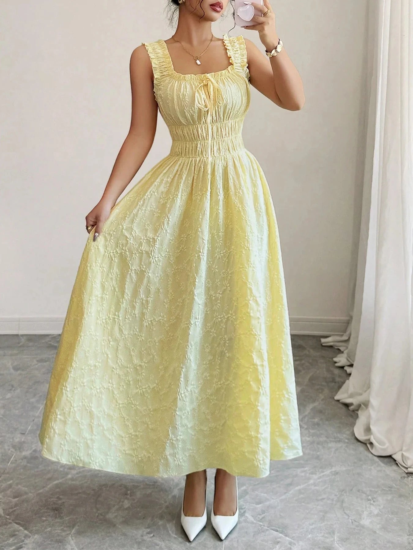 Vacation Essential Yellow Smocked Midi Dress, Chic Beach Party Date Night Dress