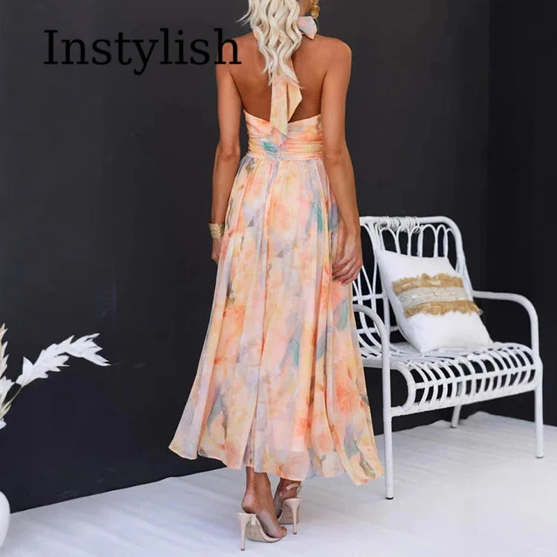 Temperament Women'S Dopamine Color Floral Suspender Halter Neck Backless Dress Women'S Summer High-End Seaside Beach Long Dress
