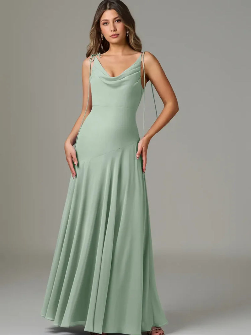 Chiffon A-Line Skirt Bridesmaid Dresses for Women Sleeveless V-Neck Tie-Strap Long Pleated Corset Wedding Guest Dress