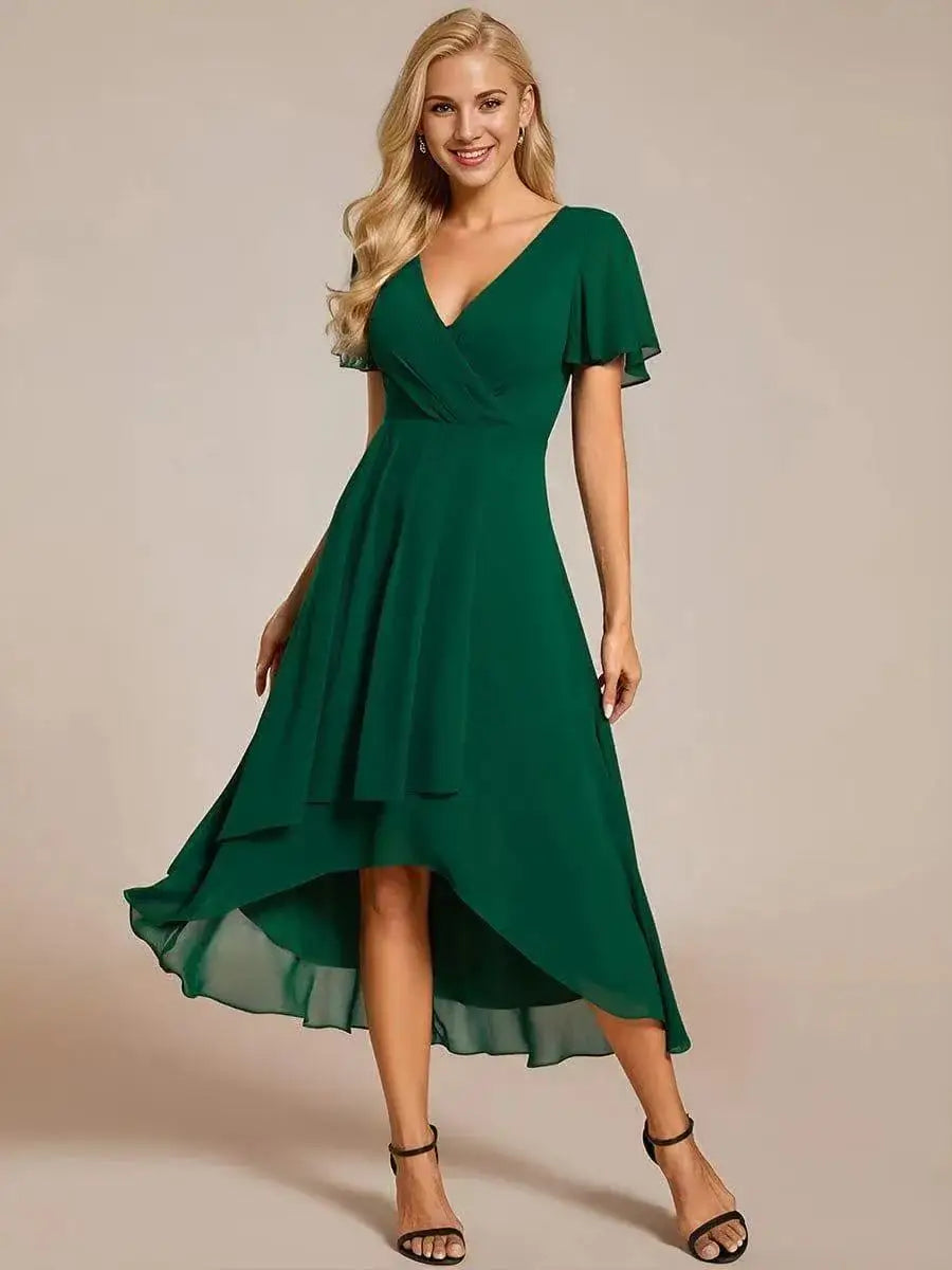 Women Dresses 2026 Summer Solid-Color V-Neck Lotus Leaf Sleeve Chiffon Elegant Party Dress Women'S Clothing Vestidoes