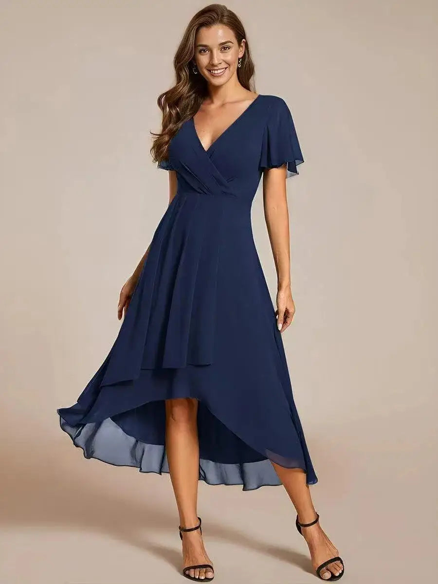 Women Dresses 2026 Summer Solid-Color V-Neck Lotus Leaf Sleeve Chiffon Elegant Party Dress Women'S Clothing Vestidoes