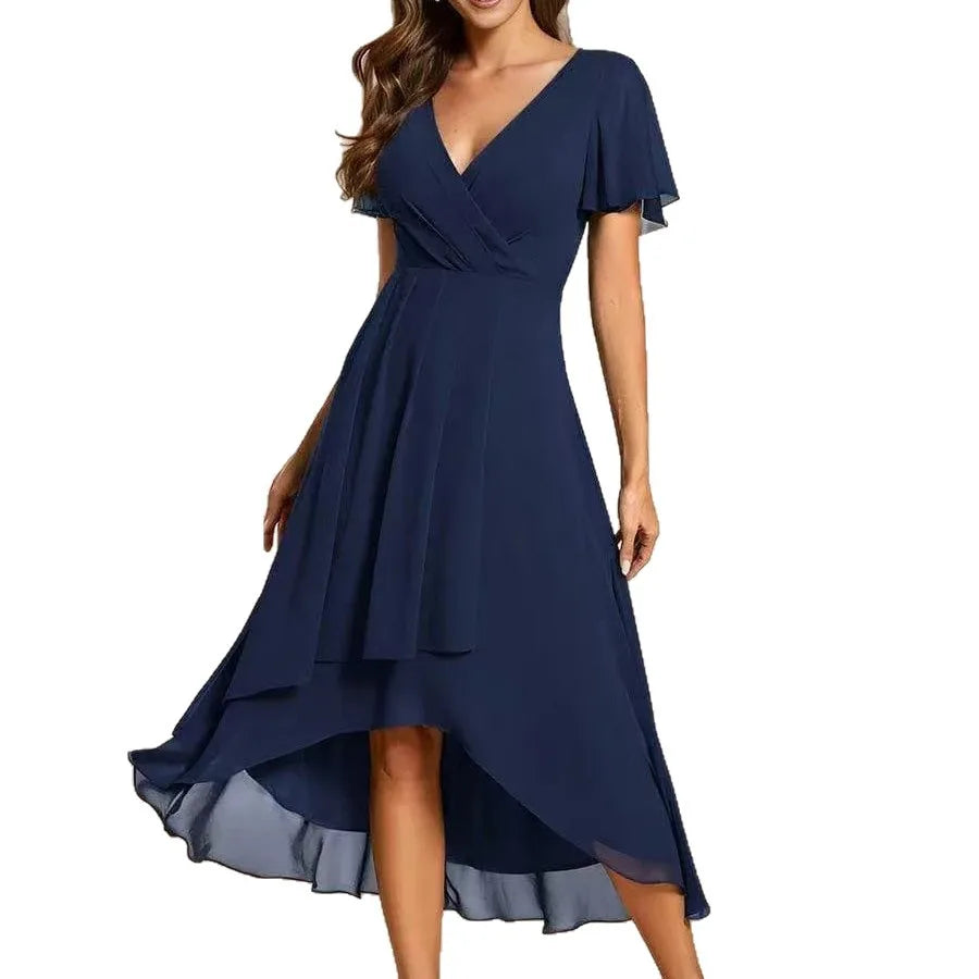 Women Dresses 2026 Summer Solid-Color V-Neck Lotus Leaf Sleeve Chiffon Elegant Party Dress Women'S Clothing Vestidoes