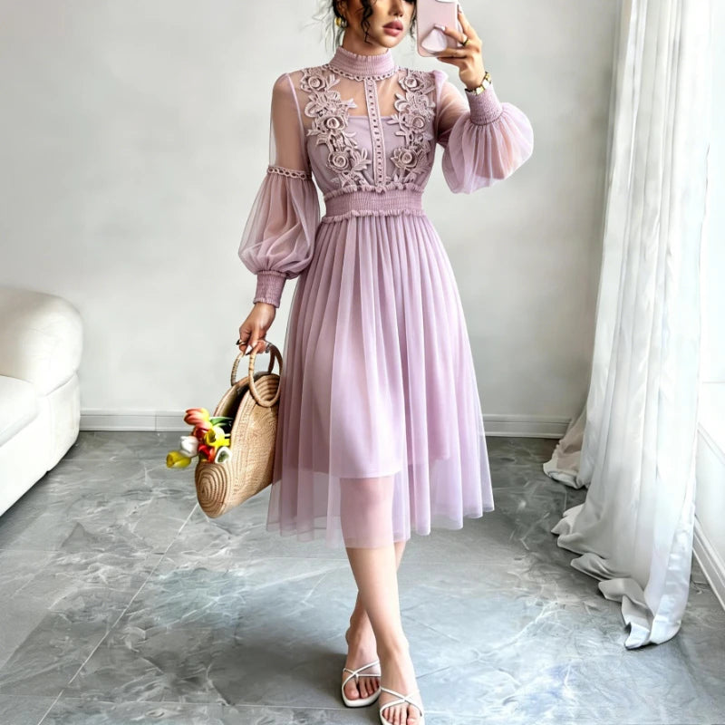 Women'S Dusty Pink Tulle Midi Dress High Neck 3D Floral Embroidery Puff Sleeve Smocked Waist Elegant Party Wedding Guest Dress