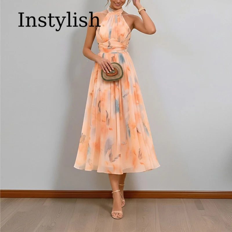 Temperament Women'S Dopamine Color Floral Suspender Halter Neck Backless Dress Women'S Summer High-End Seaside Beach Long Dress