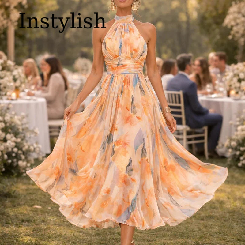 Temperament Women'S Dopamine Color Floral Suspender Halter Neck Backless Dress Women'S Summer High-End Seaside Beach Long Dress