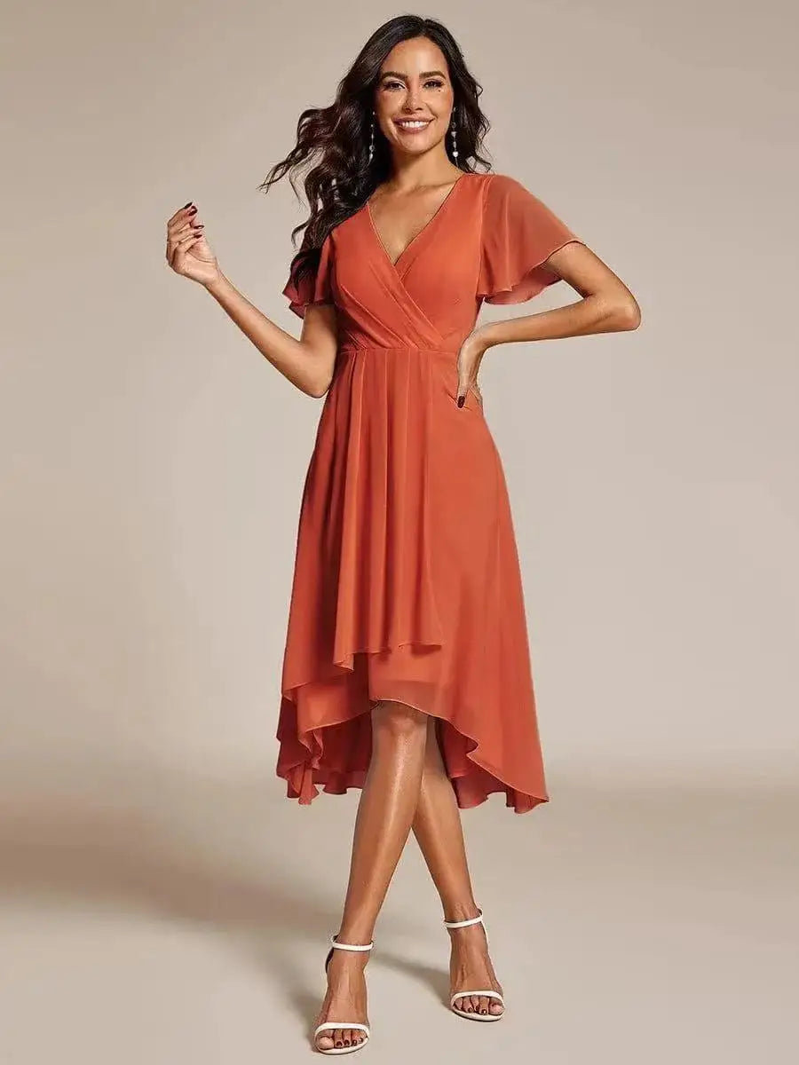 Women Dresses 2026 Summer Solid-Color V-Neck Lotus Leaf Sleeve Chiffon Elegant Party Dress Women'S Clothing Vestidoes
