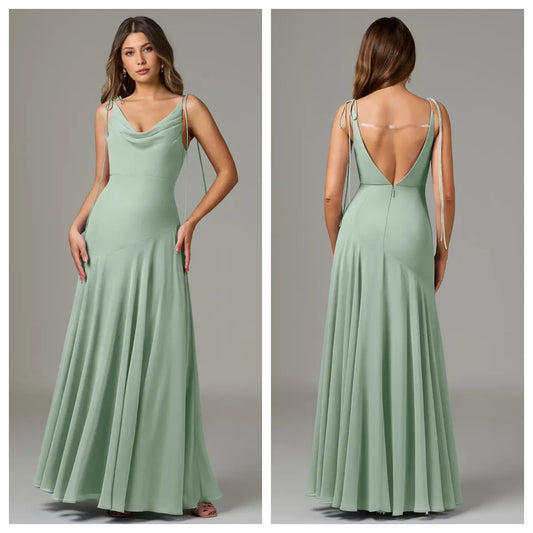 Chiffon A-Line Skirt Bridesmaid Dresses for Women Sleeveless V-Neck Tie-Strap Long Pleated Corset Wedding Guest Dress