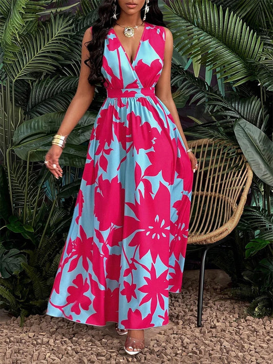 Vintage Color Contrast Sleeveless V-Neck Dress, Unique Print Interpretation Elegant Style