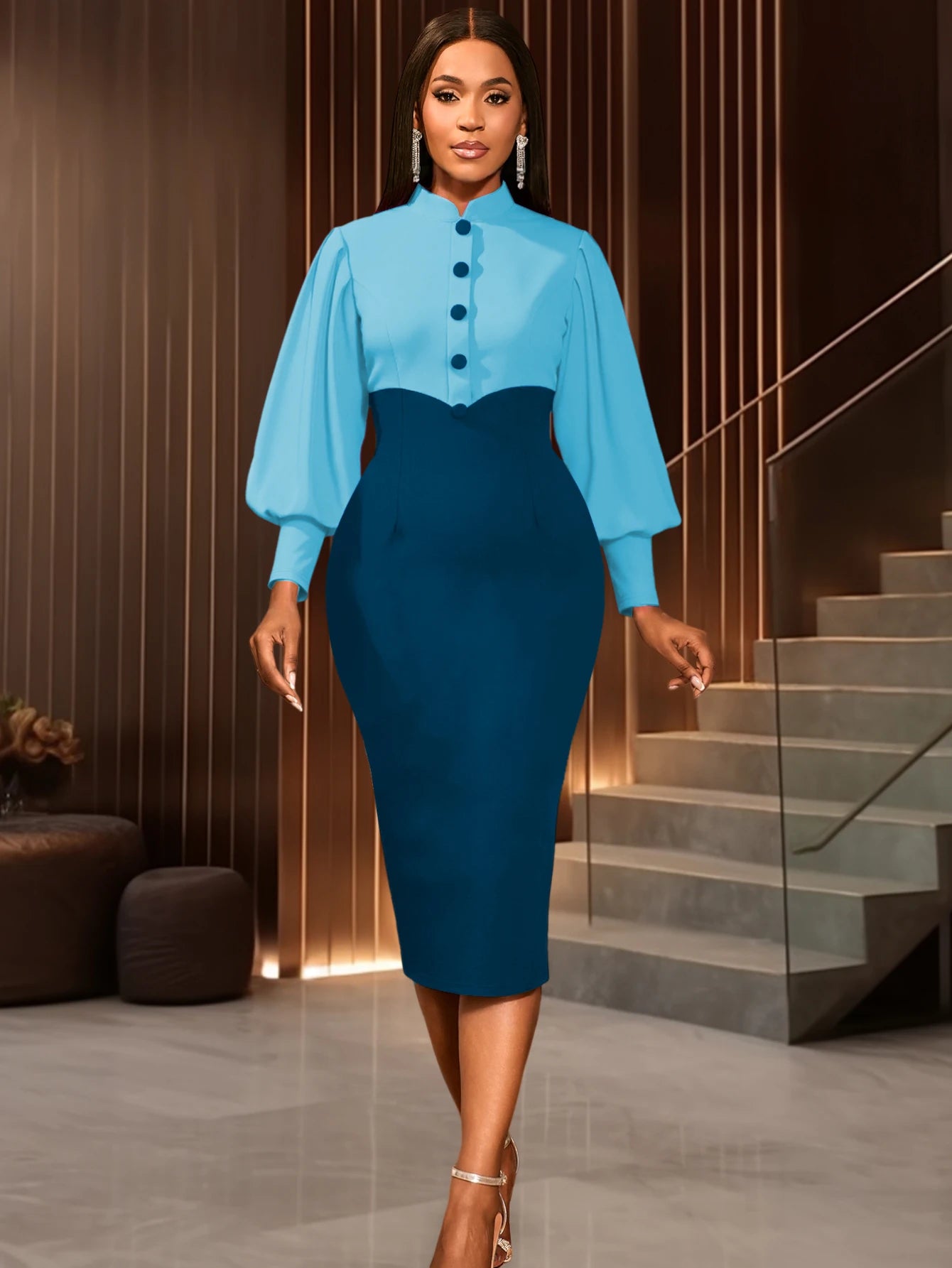 Women Elegant Church Dresses Mock Neck Long Lantern Sleeves Buttom up Colorblock Package Hip Party Office Ladies Business Wear