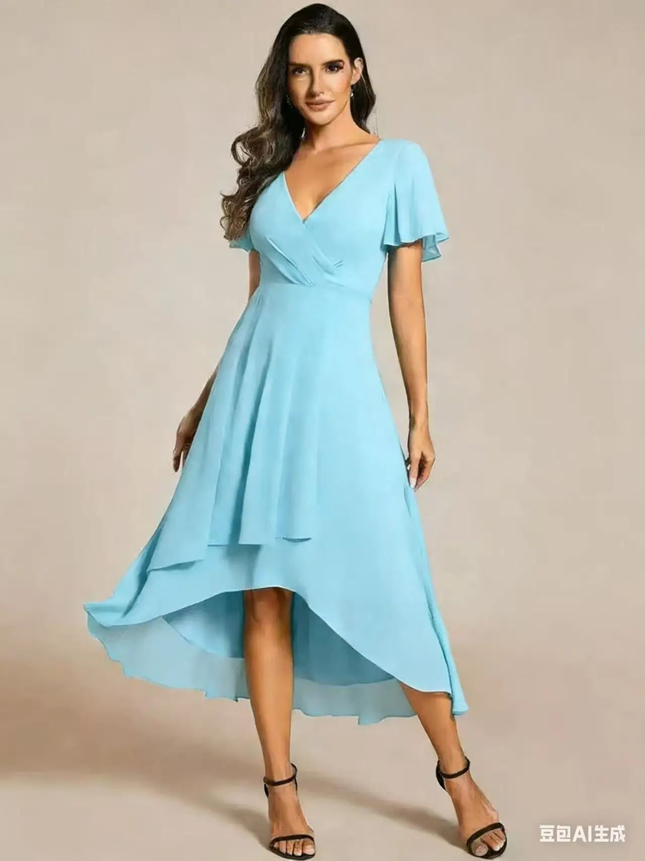 Women Dresses 2026 Summer Solid-Color V-Neck Lotus Leaf Sleeve Chiffon Elegant Party Dress Women'S Clothing Vestidoes