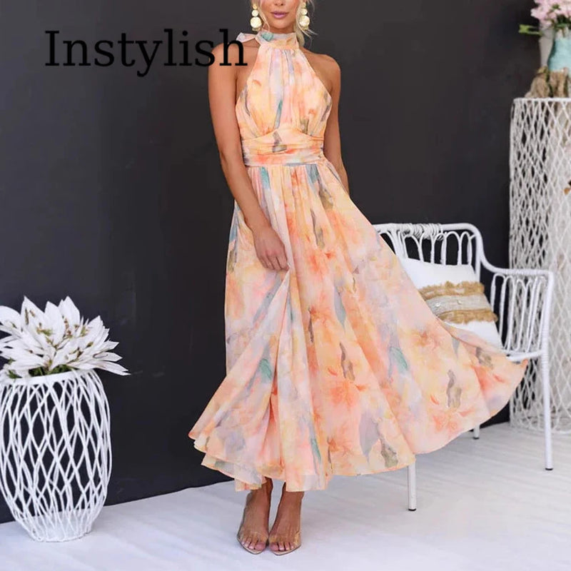 Temperament Women'S Dopamine Color Floral Suspender Halter Neck Backless Dress Women'S Summer High-End Seaside Beach Long Dress
