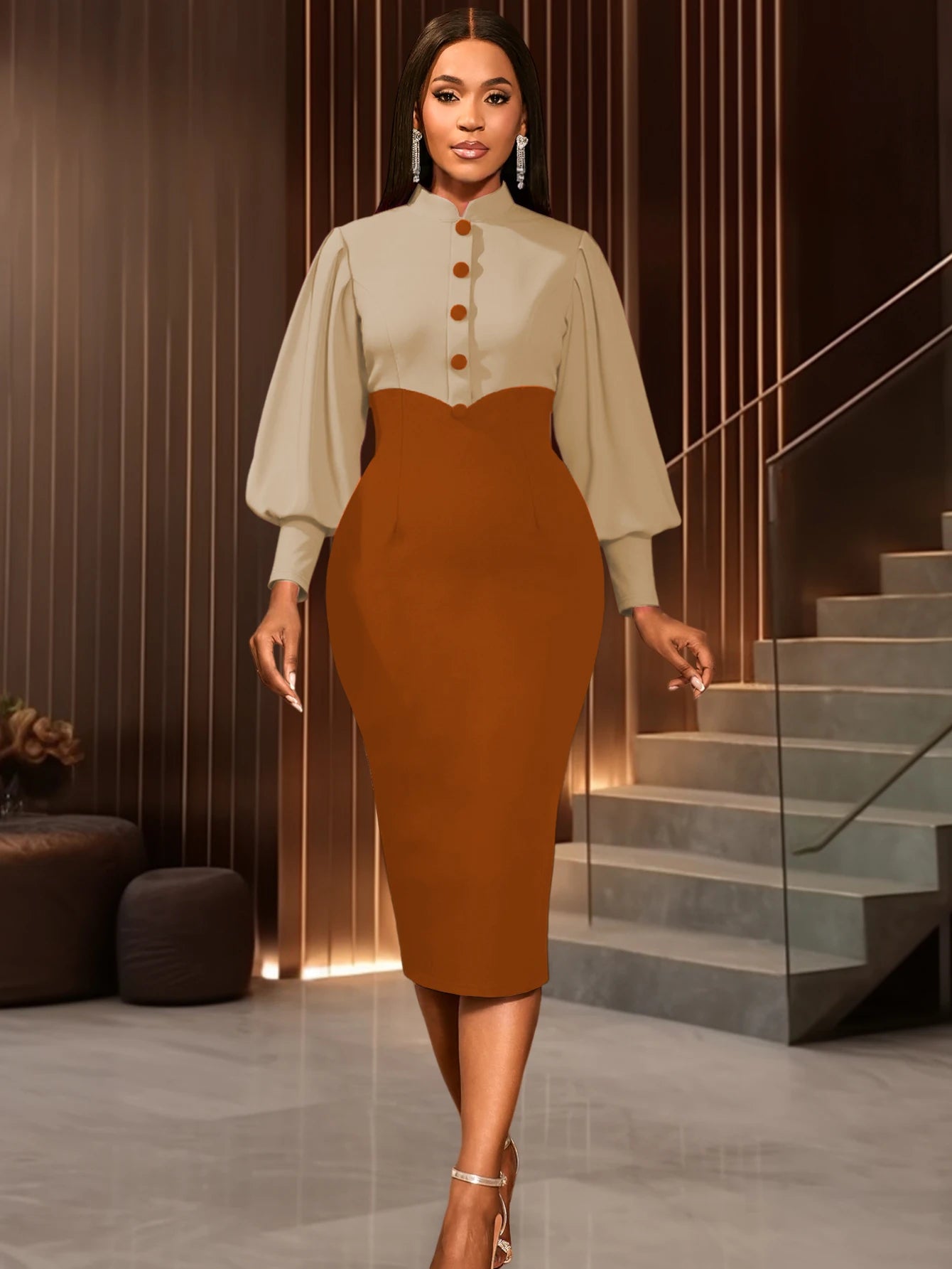 Women Elegant Church Dresses Mock Neck Long Lantern Sleeves Buttom up Colorblock Package Hip Party Office Ladies Business Wear