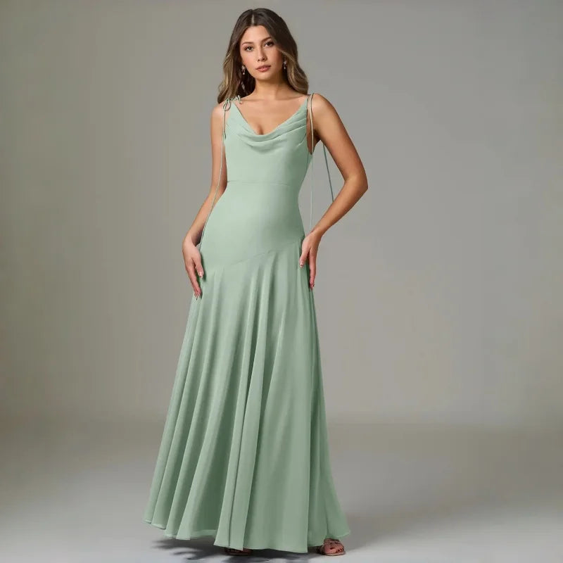 Chiffon A-Line Skirt Bridesmaid Dresses for Women Sleeveless V-Neck Tie-Strap Long Pleated Corset Wedding Guest Dress