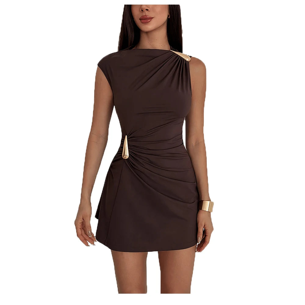 Women'S Casual Style Sleeveless Pleated Mini Dress Form-Fitting Knitted Fabric Asymmetric Neck Design
