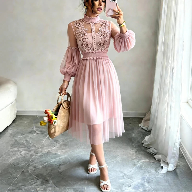 Women'S Dusty Pink Tulle Midi Dress High Neck 3D Floral Embroidery Puff Sleeve Smocked Waist Elegant Party Wedding Guest Dress