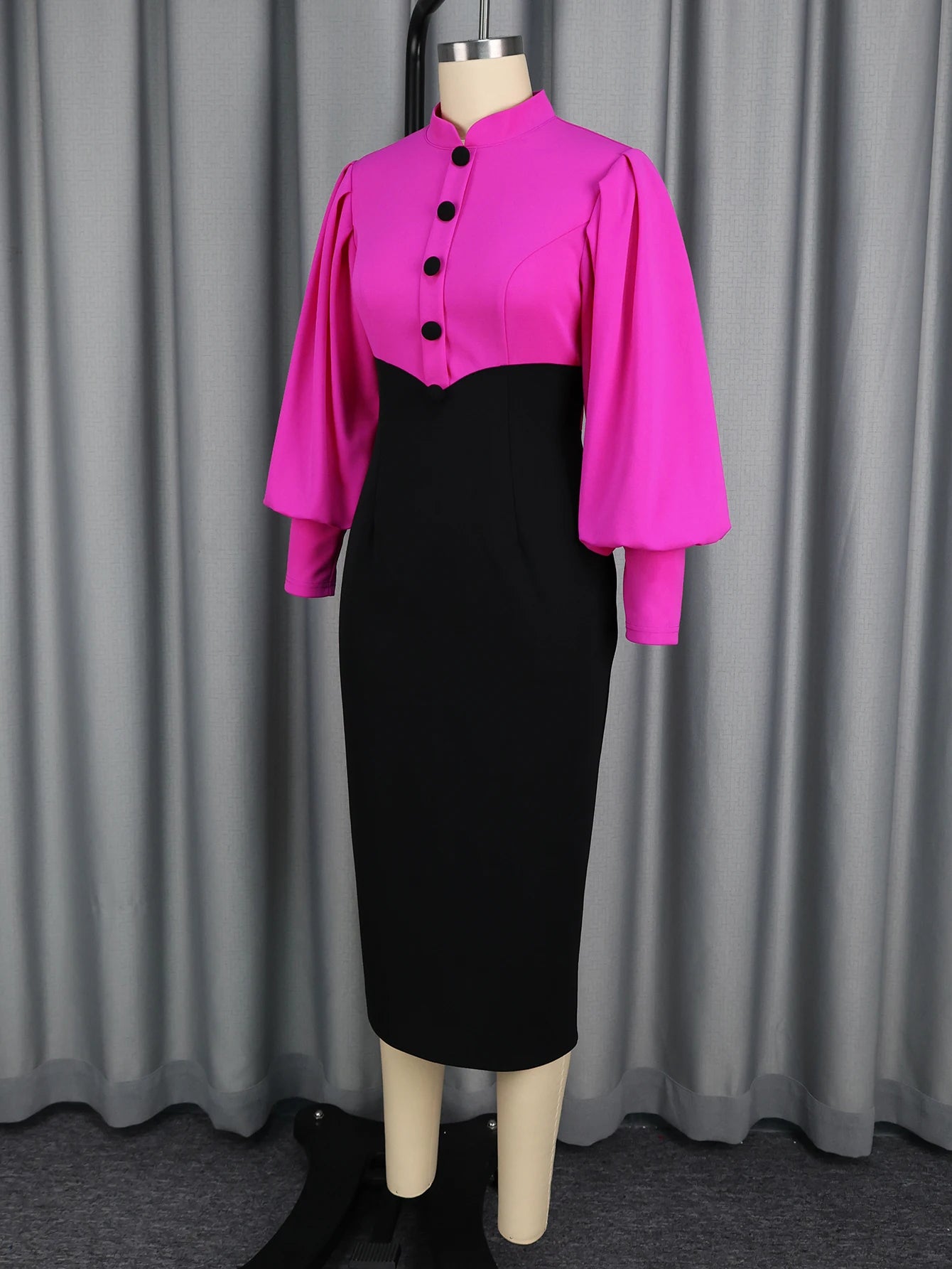 Women Elegant Church Dresses Mock Neck Long Lantern Sleeves Buttom up Colorblock Package Hip Party Office Ladies Business Wear