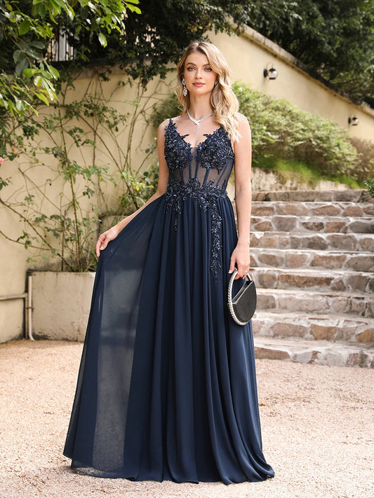 Spaghetti Straps Navy Blue a Line Evening Dresses 2025 Elegant Beaded Appliques Illusion Prom Gowns Formal Party Vestido De Gala