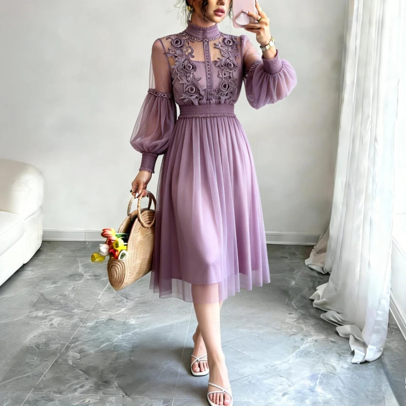 Women'S Dusty Pink Tulle Midi Dress High Neck 3D Floral Embroidery Puff Sleeve Smocked Waist Elegant Party Wedding Guest Dress