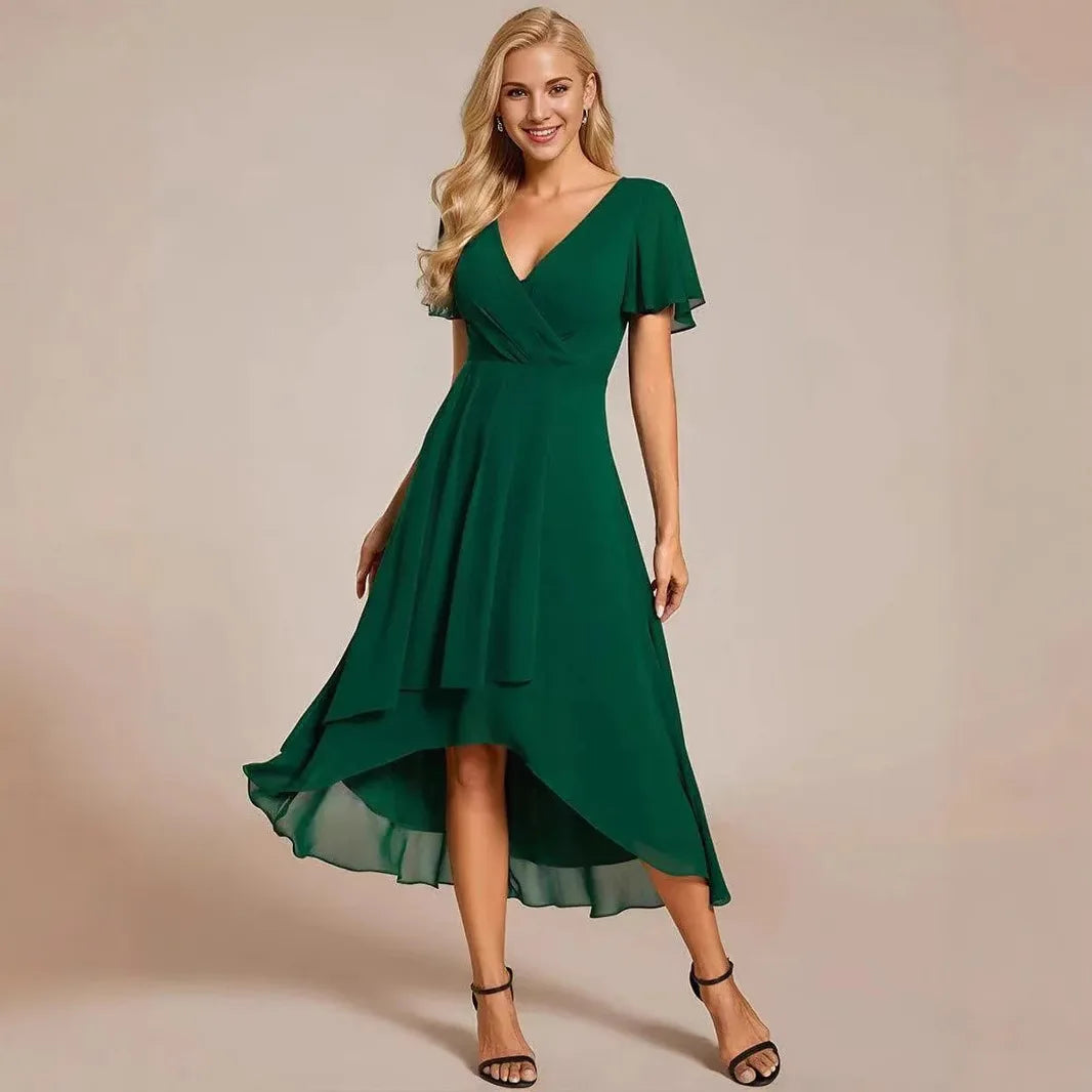 Women Dresses 2026 Summer Solid-Color V-Neck Lotus Leaf Sleeve Chiffon Elegant Party Dress Women'S Clothing Vestidoes