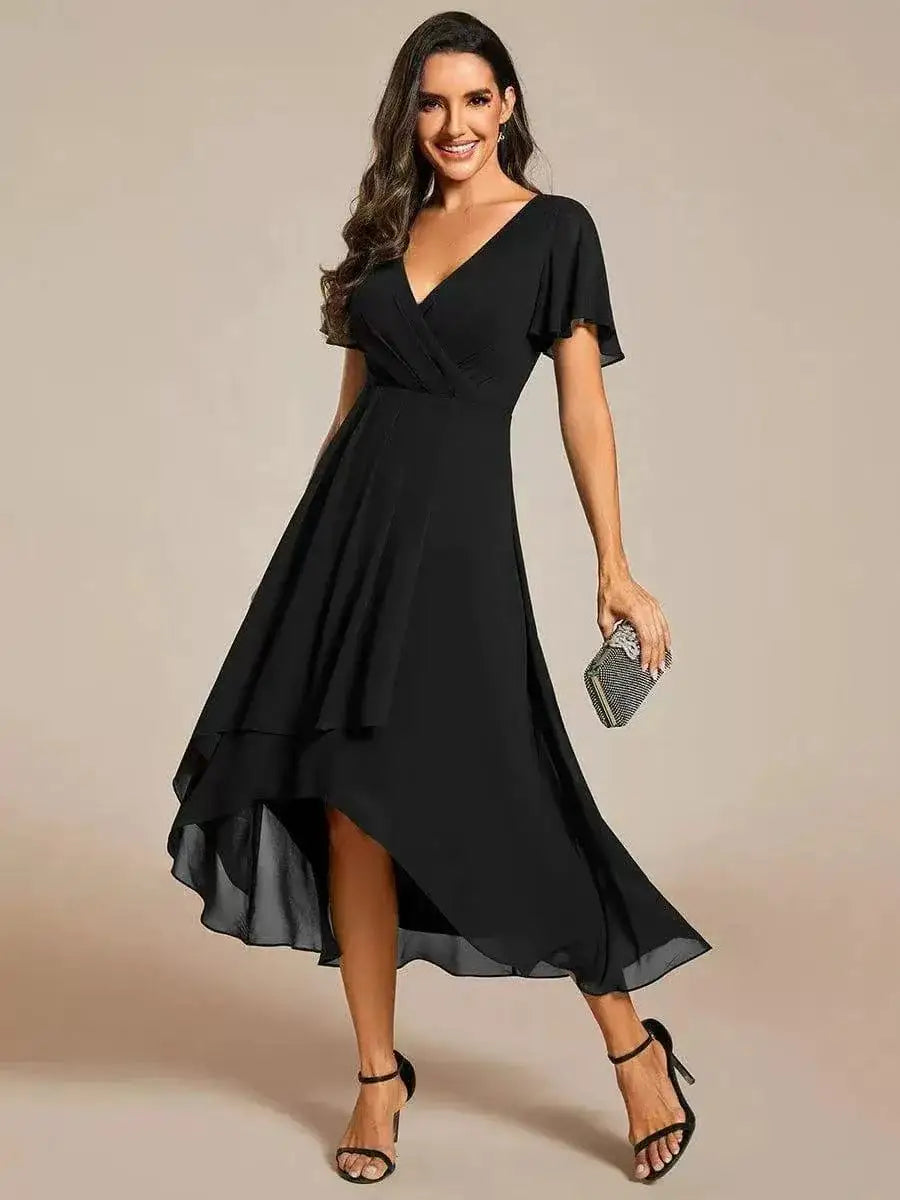 Women Dresses 2026 Summer Solid-Color V-Neck Lotus Leaf Sleeve Chiffon Elegant Party Dress Women'S Clothing Vestidoes